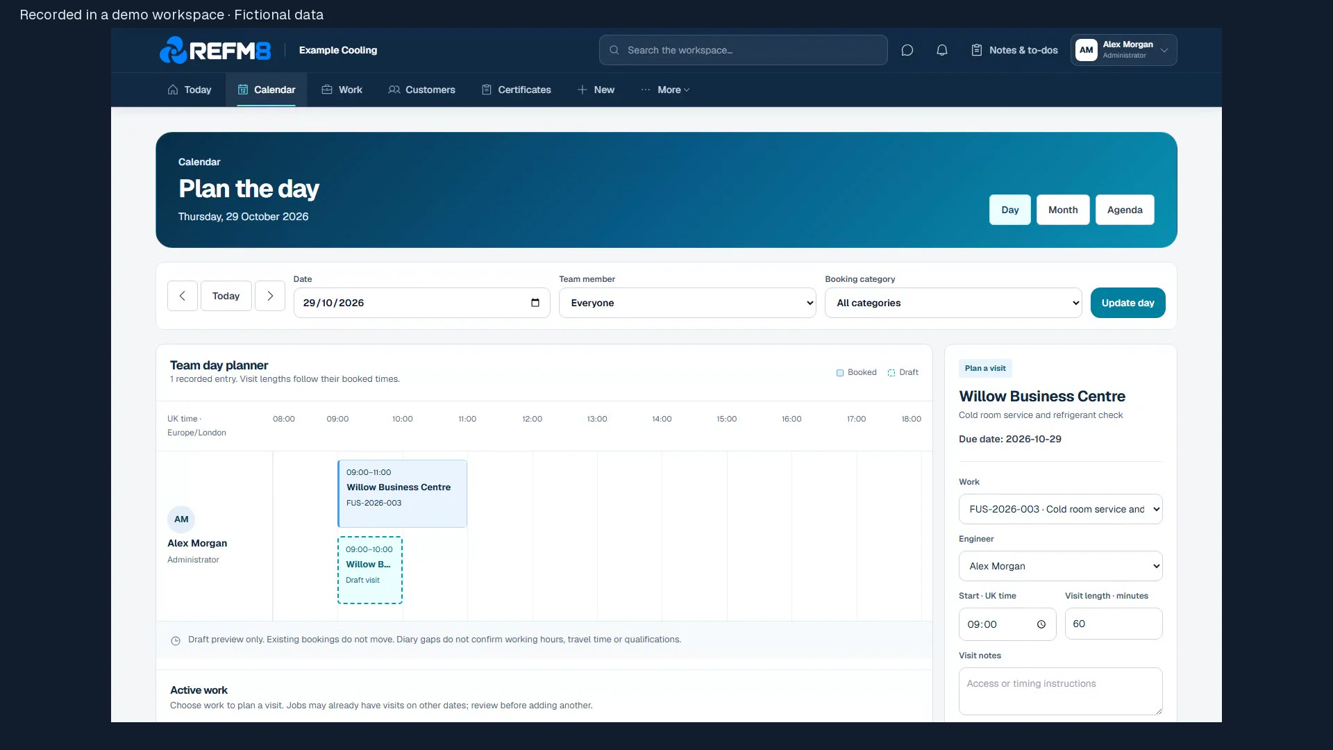 REFM8 job workspace recorded with a fictional company and demonstration records.