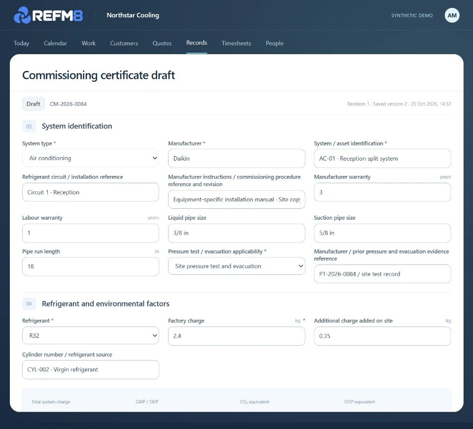 Populated synthetic commissioning record with customer, equipment, installation and refrigerant details.