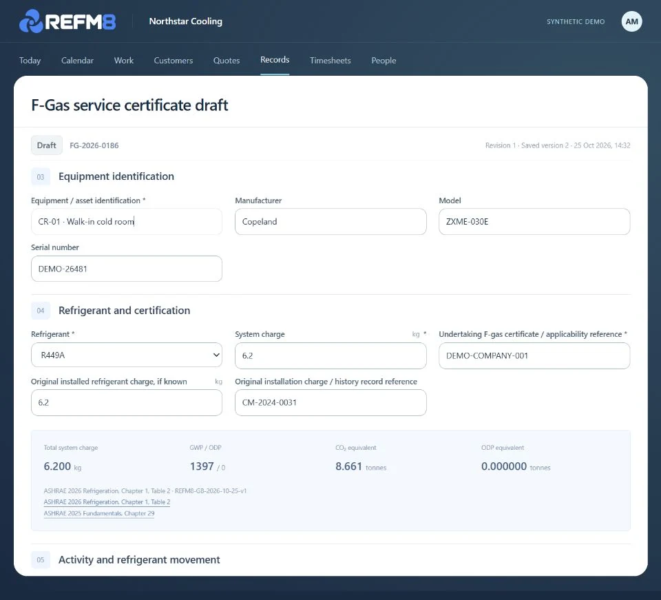 Synthetic F-gas service certificate populated with example equipment and refrigerant details.