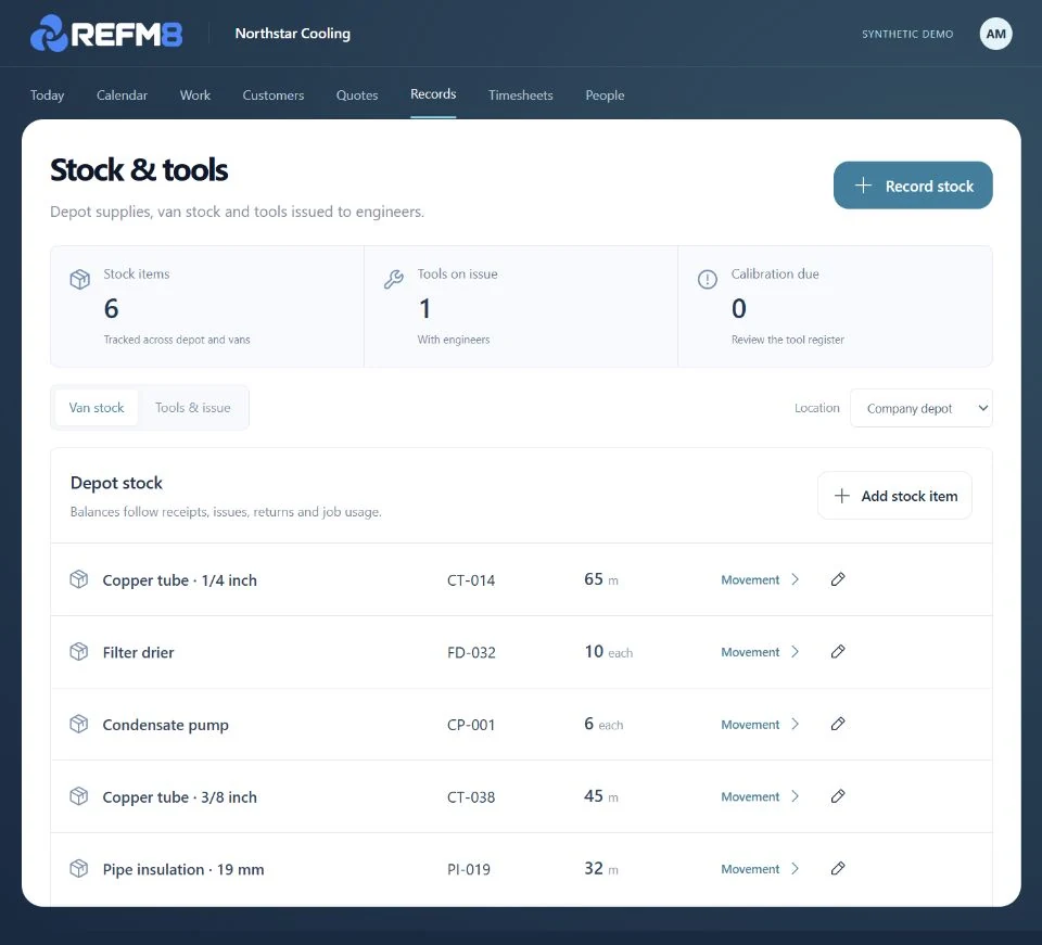 Populated REFM8 synthetic stock and tools view with quantities, locations and issue information.